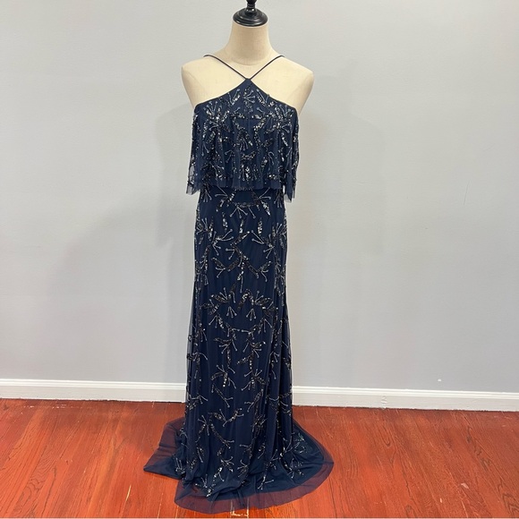 Aidan Mattox Twilight Sequins & Beads Embellished Halter Off The Shoulder Gown - Picture 1 of 16